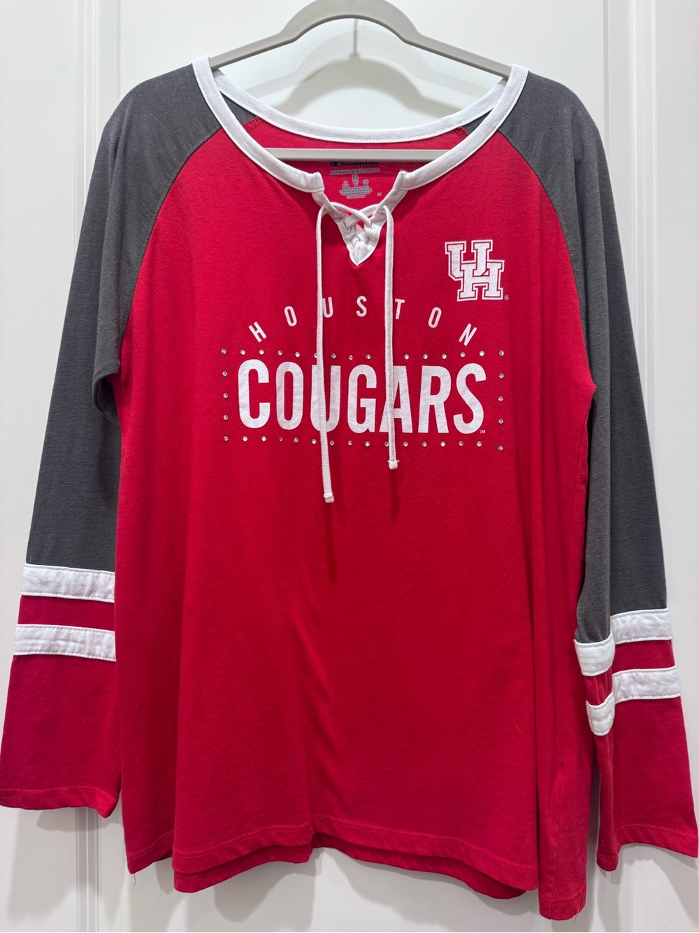 Champion Red Lace-Up Raglan Tee with White Trim